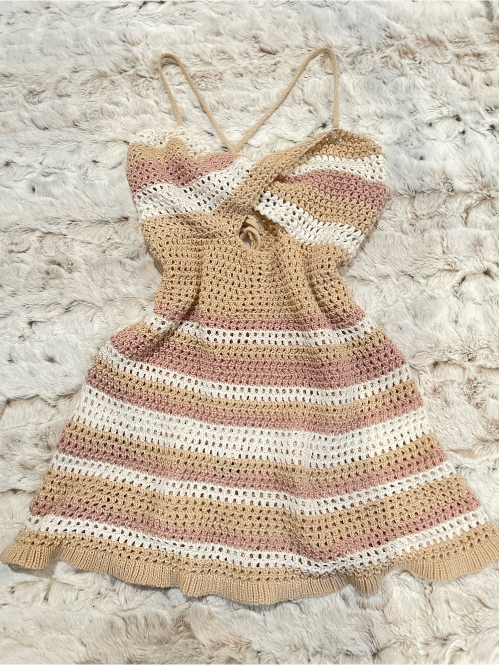 Women’s Striped Crochet Coverup in Beige, White & Pink